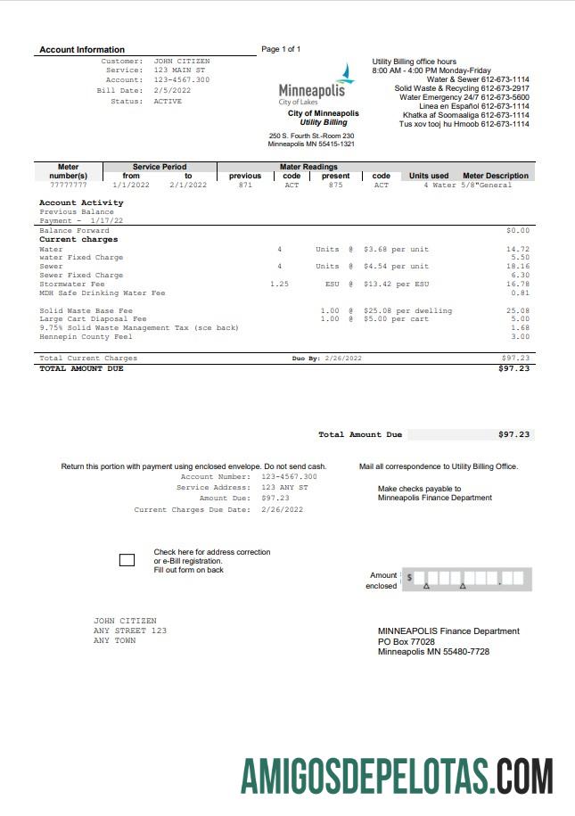 Para baixar modelo de conta de serviços públicos dos EUA, Minnesota, Minneapolis, cidade de Lakes, em formato Word e PDF